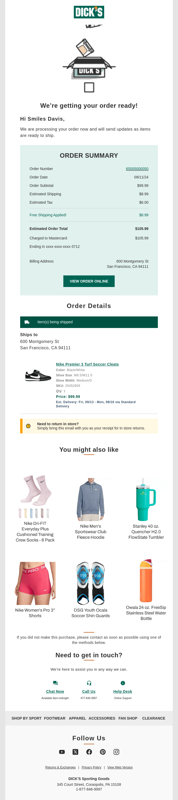 Dick's Sporting Goods order confirmation email with order summary, shipping information, 'You might also like' product recommendations, and customer support details